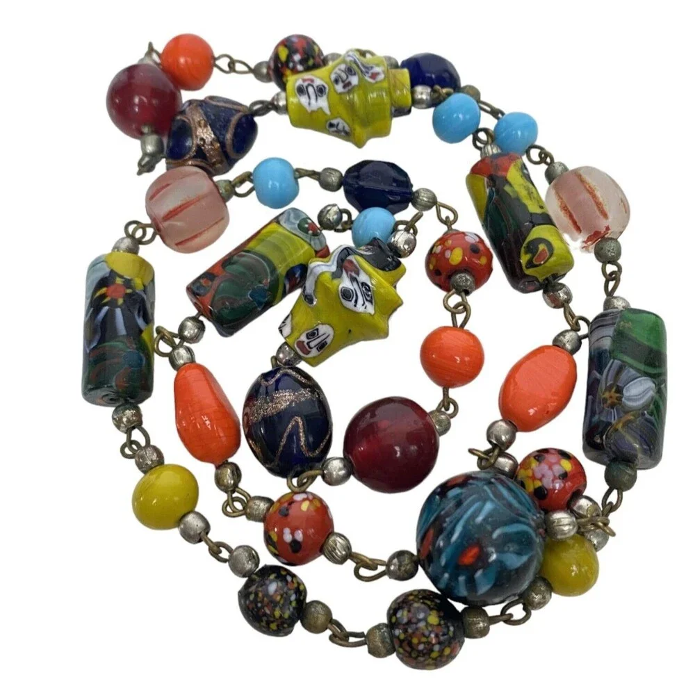 Artisan Necklace Venetian Art Glass Millefiori Lamp Worked Beads Multi Colored